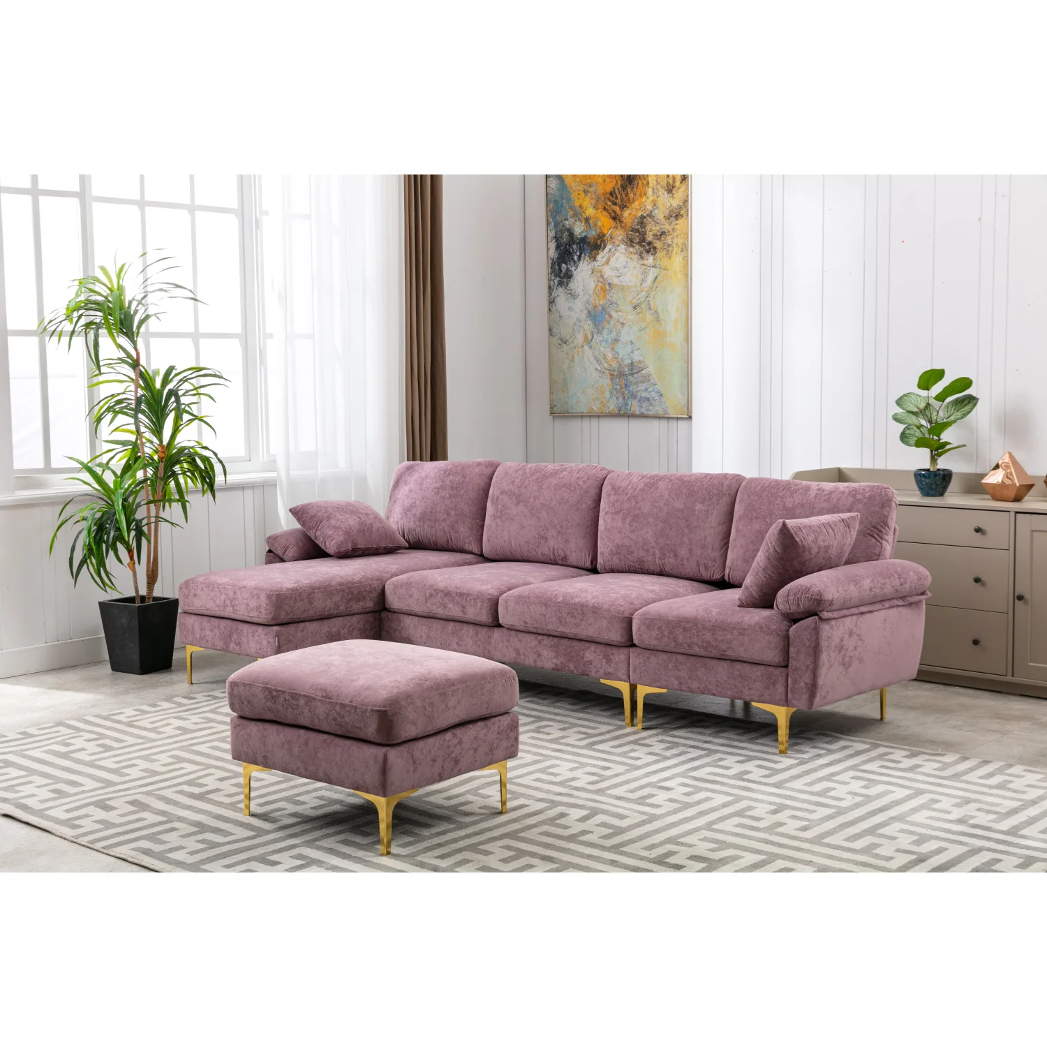 COOLMORE U-shape Sectional Sofa with Ottoman, Reversible Couch,Spacious & Durable Furniture, Removable Washable Cover,Purple Vel