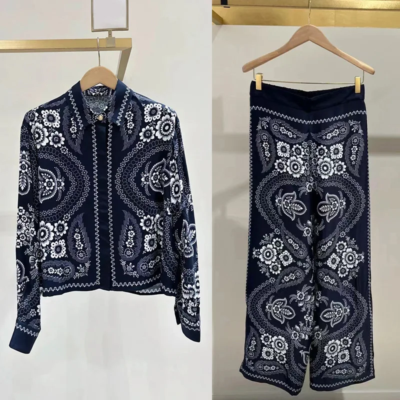 

Комплект широких брюк с романтическим цветочным принтом и гладким воротником, ранняя осень, женский модный женский ансамбль, длинный свек