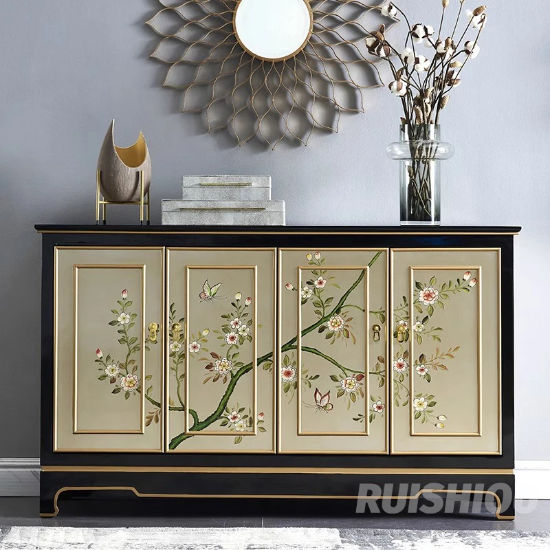 New American Solid Wood Side Cabinet Chinese Home Silver Foil Painted Luxury Porch Storage Cabinet For Hall Use