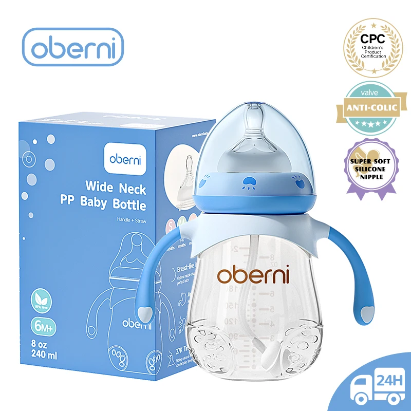 Oberni PP Material Anti drop Anti bloating Handle Nursing Bottle 240ml 300ml Bpa Free Baby Milk feeding bottle