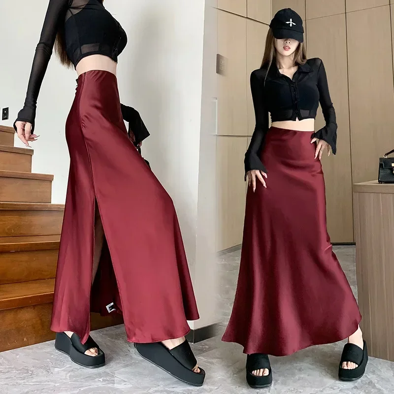 

Burgundy Satin Skirt Women's Autumn Dress High Waist Thin Medium and Long Skirt Ruffle Edge Split Hip A-shaped Skirt