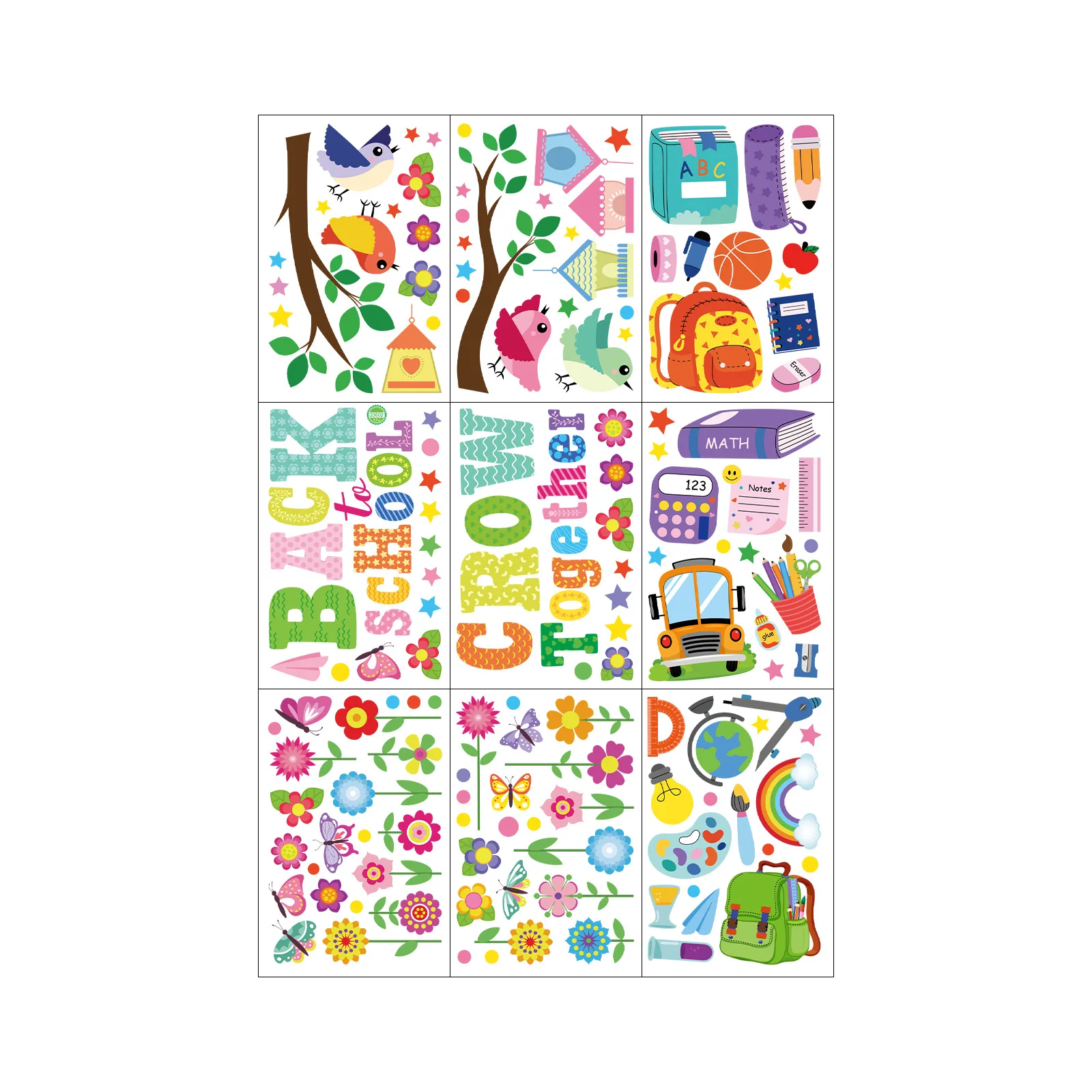 Back to School Static Stickers Cute Bird Cartoon Window Cling Removable Glass Door Decals for Kids Classroom Decoration