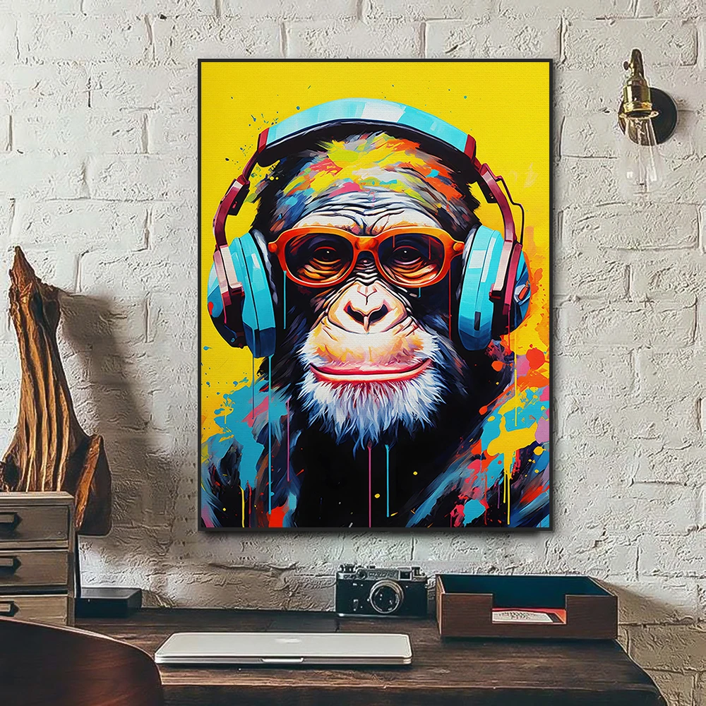 Abstract Pop Art Fun Animals Monkey Earphones DJ Music Posters Prints Rock Animals Canvas Painting Wall Art for Home Decor