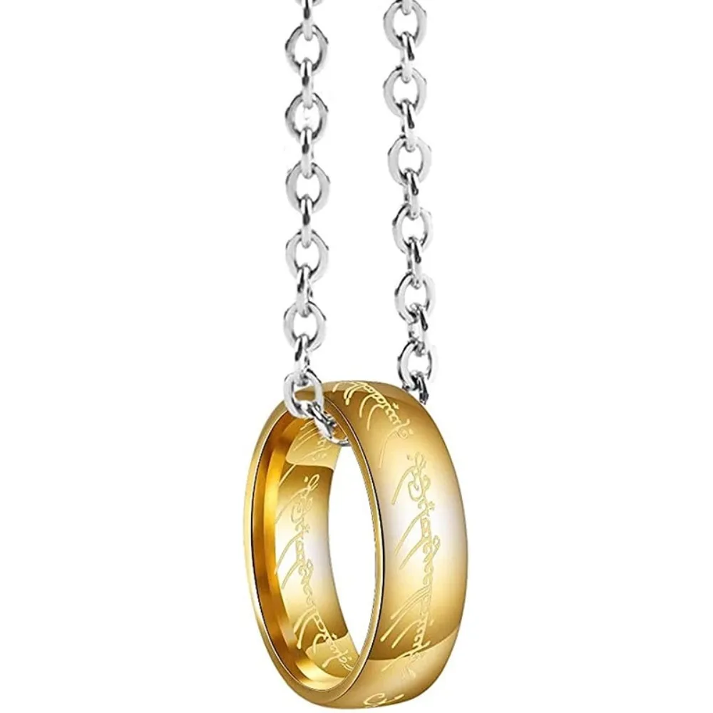 Stainless Steel  Engraved Gold Plated The Ring Pendant Necklace One Pc Ring Necklace for Men Women Girls Teens