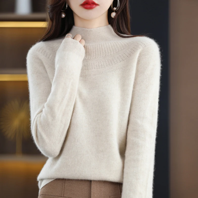 2024 Autumn Winter New Women\'s Sweater Pure Wool Pullover Long Sleeved Hollow Loose Slim Fit Solid Color Simple Versatile Tops