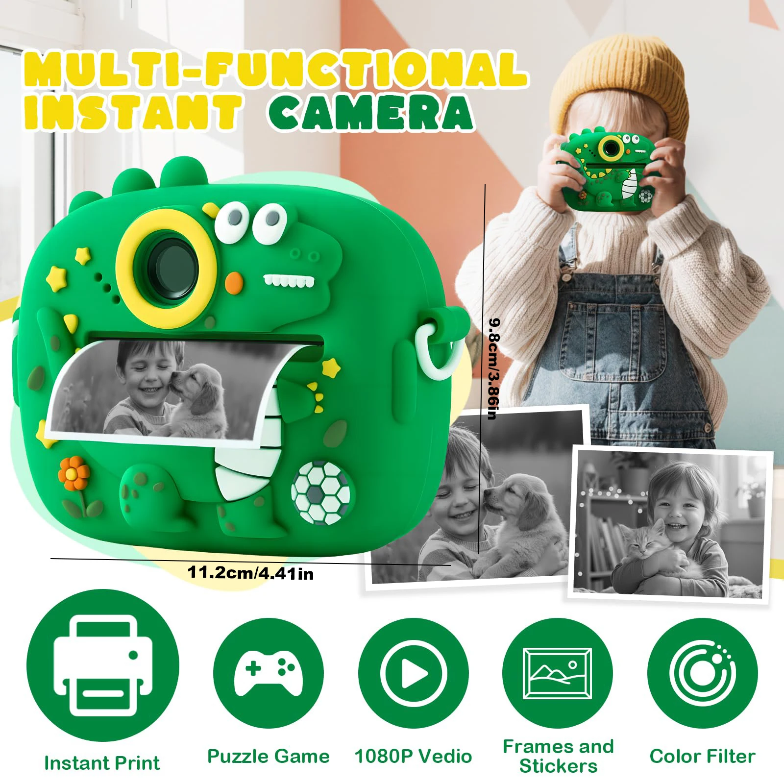 Caméra pour enfants avec double caméras avant et arrière 48MP 1080p HD Double caméras avant et arrière, cinq jeux éducatifs Noël, Hallo