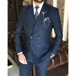 Handsome Navy Blue Striped Men's Suits Double Breasted 2 Piece Jacket Pants Costume Homme Formal Business Gentleman Blazer Set