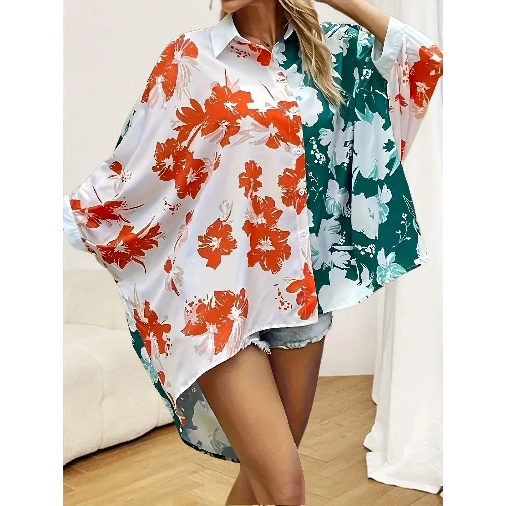

Plus Size 1XL-5XL New Women's Floral Print Stylish Dolman-Sleeved Contrast Shirt