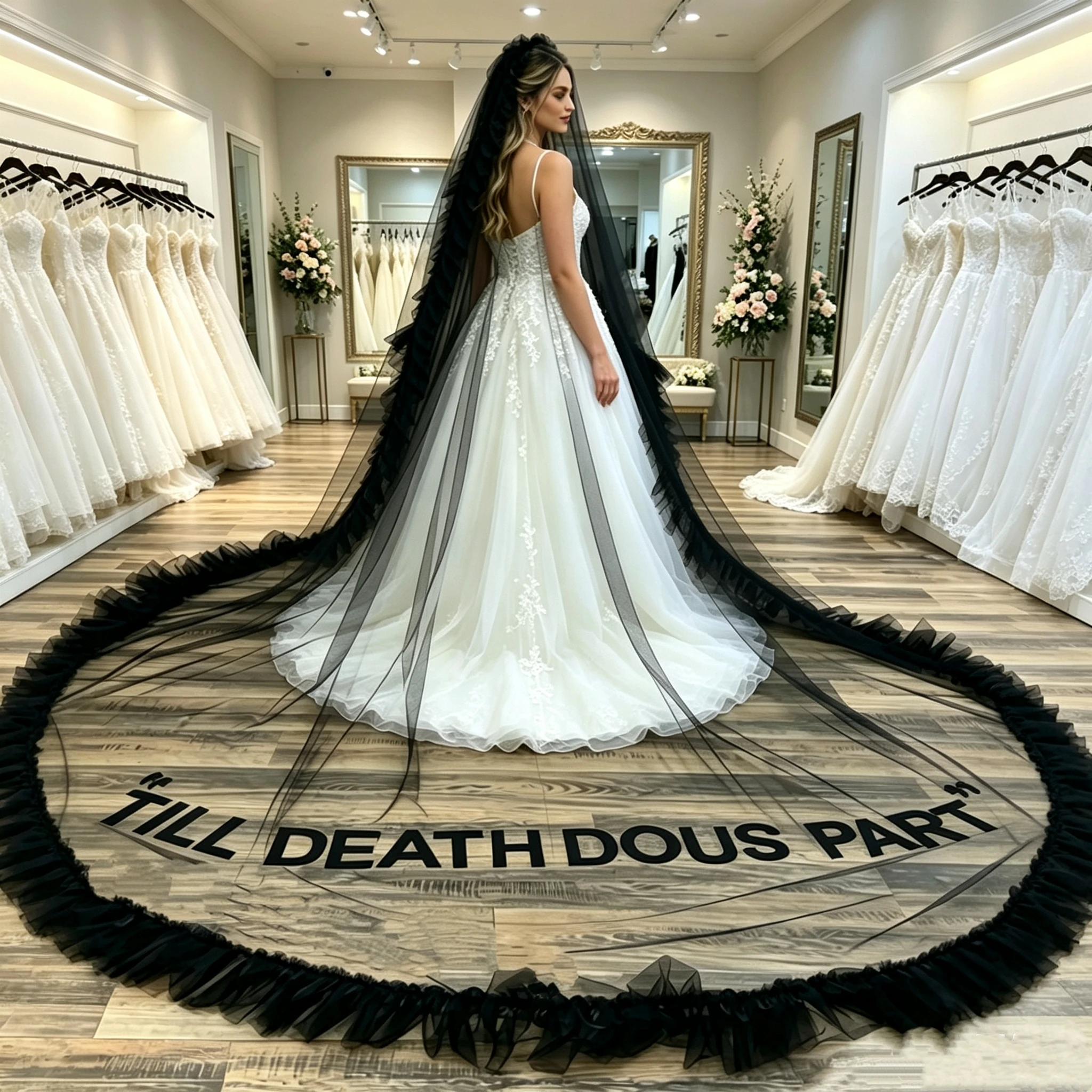 Black Ruffle Edge Cathedral Wedding Veil 1 Tier Long Tulle Gothic Bridal Veil with Comb Printed Letter Design for Brides