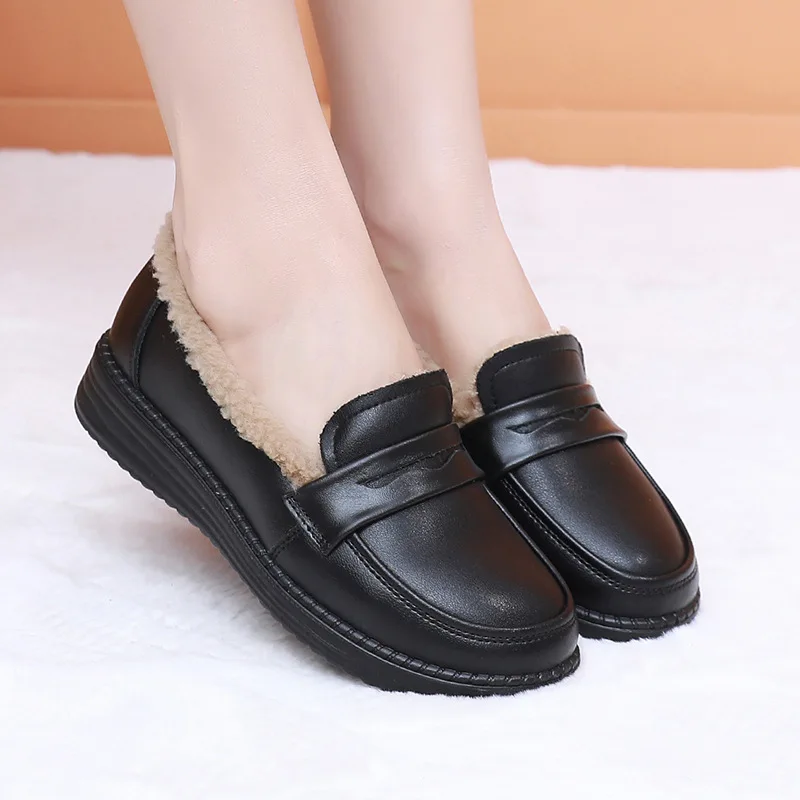Black Leather Winter Loafers For Women With Fleece Lining And Round Toe Non Slip Thick Sole Comfortable Casual Office And Daily