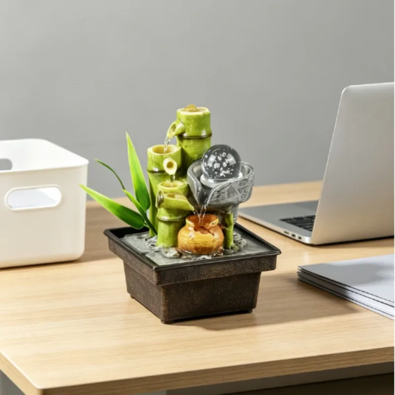 Bamboo Shaped Desktop Water Flow Ornament With Crystal Ball Home Office Table Art Decor Square Base Basin Storage Design