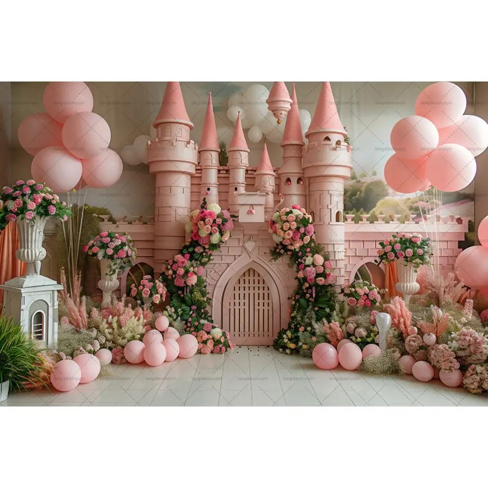 3D Fairytale Castle Photography Background Colorful Balloon Arch Girl Little Princess Birthday Party Backdrop Photo Studio Props