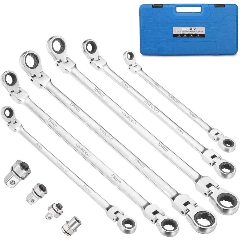 Juego de llaves de trinquete de cabeza flexible extralargas de 6 piezas, juego de llaves de extremo de caja doble de 72 dientes, llaves de trinquete de acero CR-V con Metr