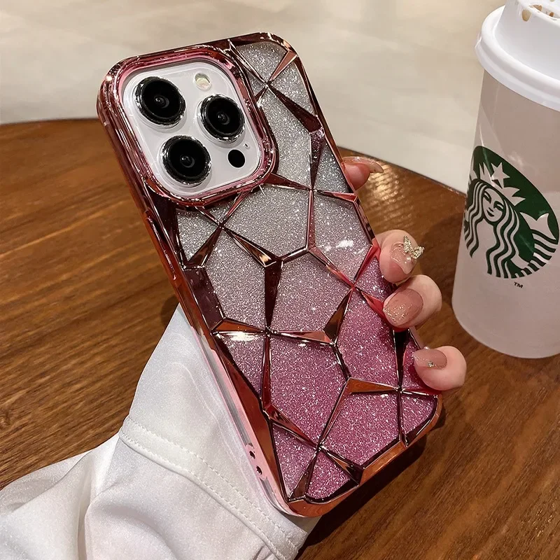 Gradient Glitter Bling Case For iPhone 16 Pro Max 16 Plus 15 14 Pro 12 11 Diamond Pattern Soft Plating Cover For iPhone 15 Pro