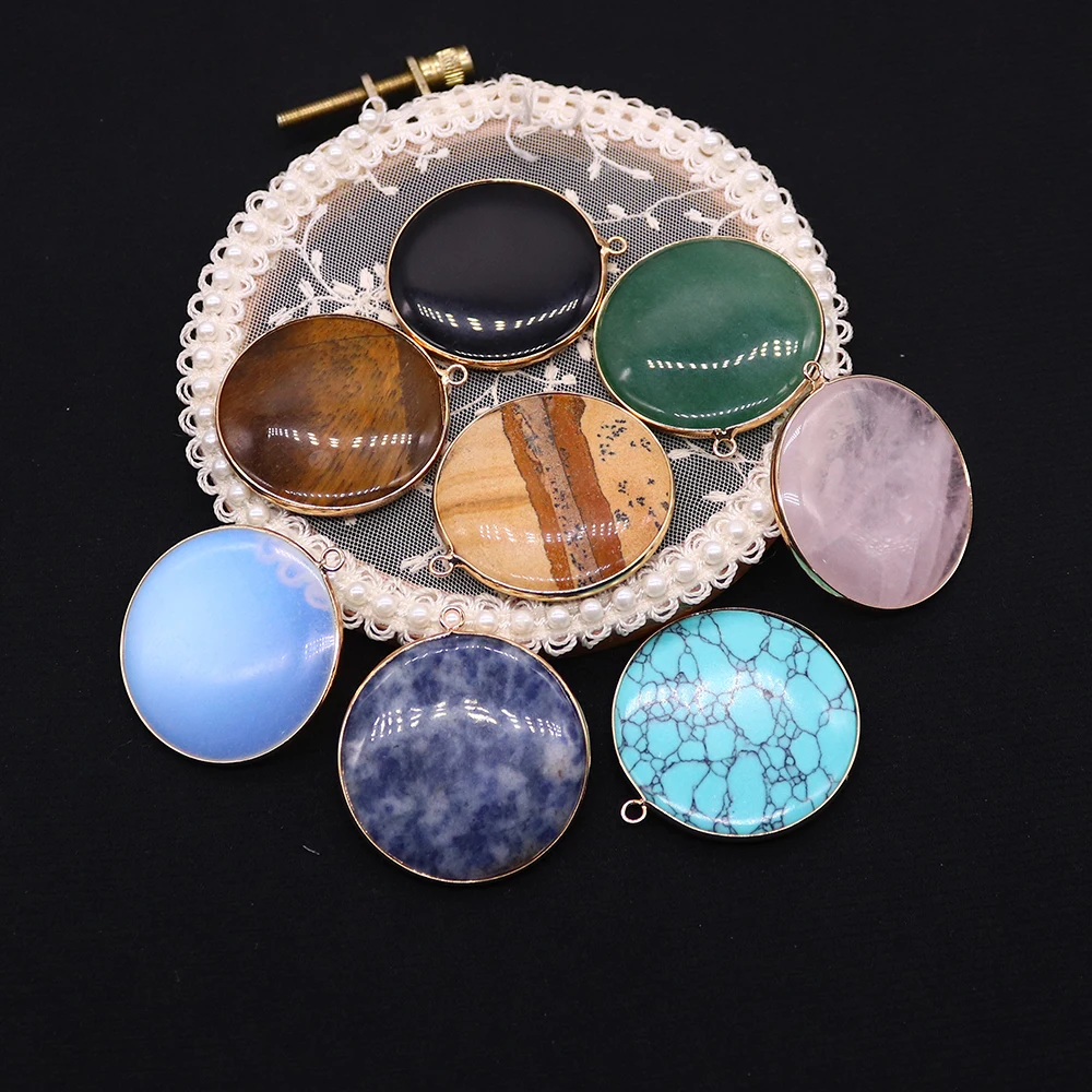 

1pc Round Polished Natural Semi-precious Stone Pendants Gold-plated Edge With Single-hole Design Charms DIY Necklace Accessory