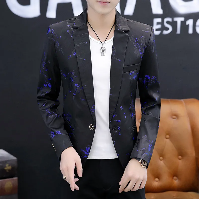 

Autumn Faion Print Men's Casual Suit Jaet Polyester Fiber Stand Fit Long Sve One Button Single Row Youth Personali