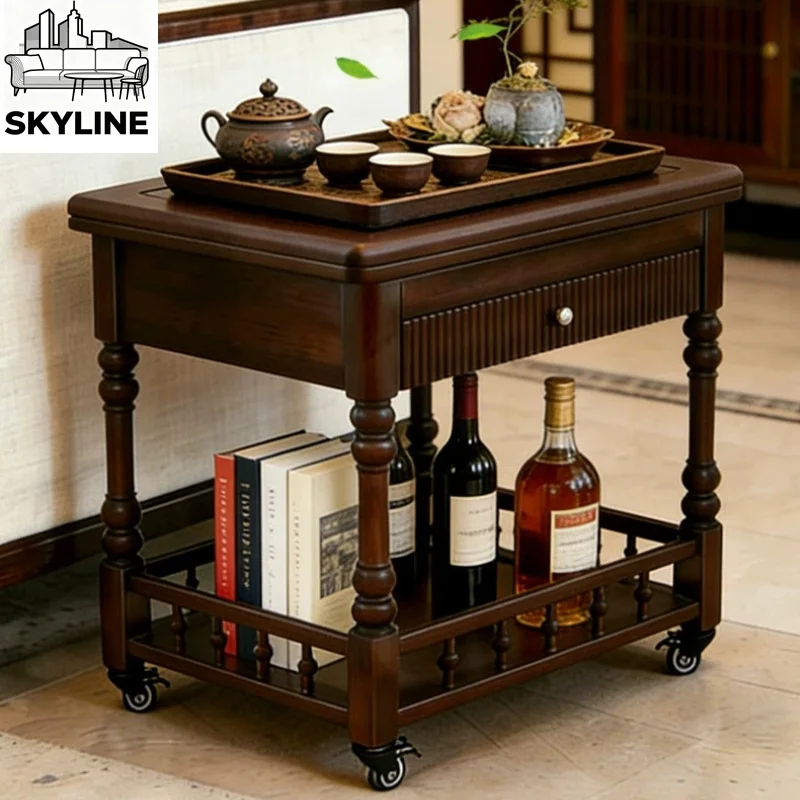 Solid Wood Wheeled Mobile Deformable Trolley Side Table, Storage Rack Sofa Side Cabinet Coffee Table for Living Room