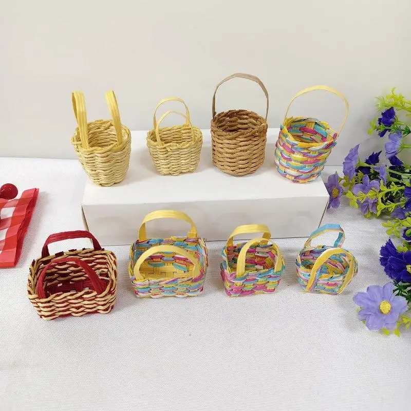 1Pcs Storage Basket Scene Props Dollhouse Mini Woven Flower Basket Carrying Basket Miniature Model Daily Necessities Decor