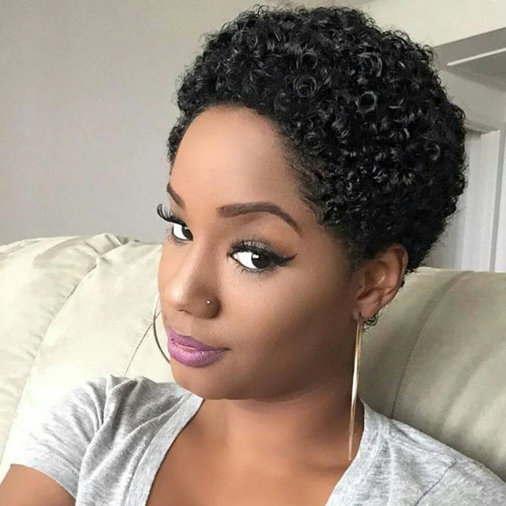 Black Curly Pixie Wigs Human Hair 100% Natural Realistic Pre Plucked And Tangle Free Full Machine Made For Women Curl Style