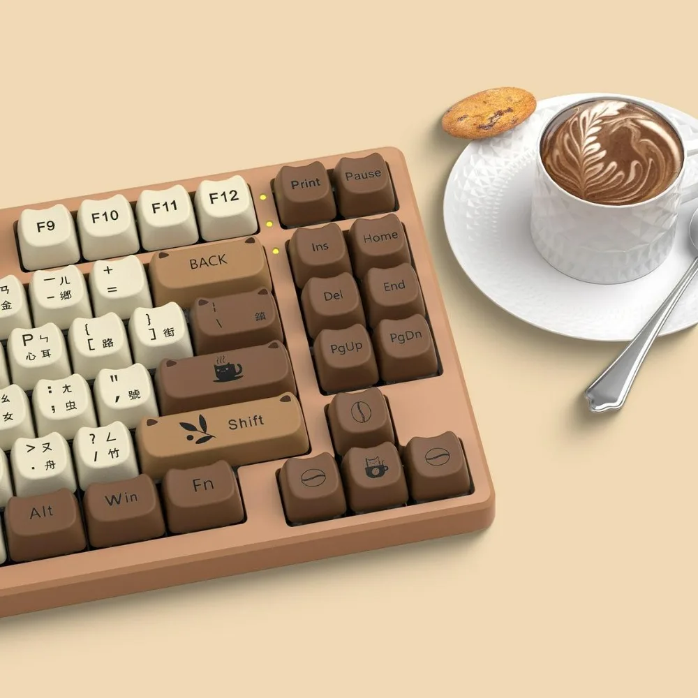 Zestaw Keycapów Coffee Cat, Profil MAO, Artystyczne Nakładki na Klawisze, Uroczy Kot, PBT Taiwan Point, Nakładki na Klawiaturę Gamingową, Akcesoria do Przełączników MX