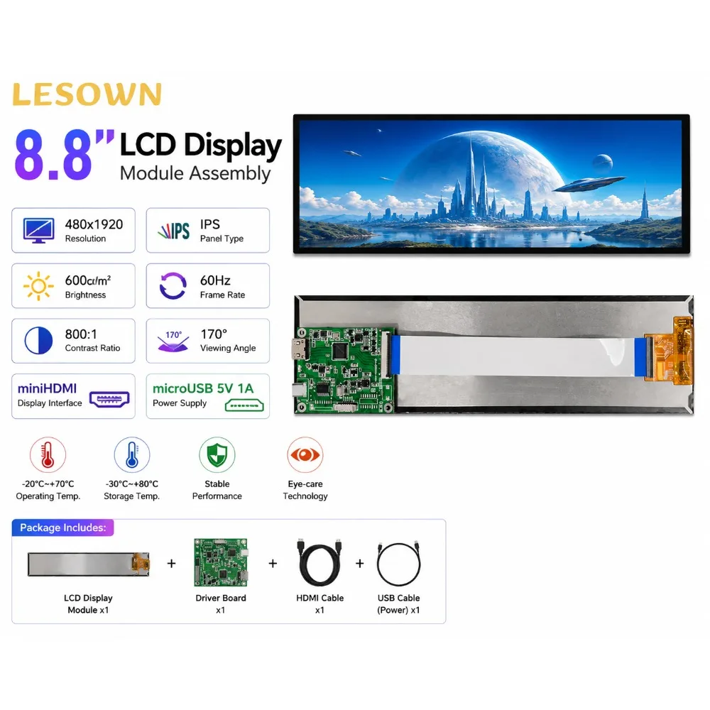LESOWN 8.8-дюймовая система дисплейных экранов с готовой к работе матрицей Full View 480x1920 и входом MiniHDTV