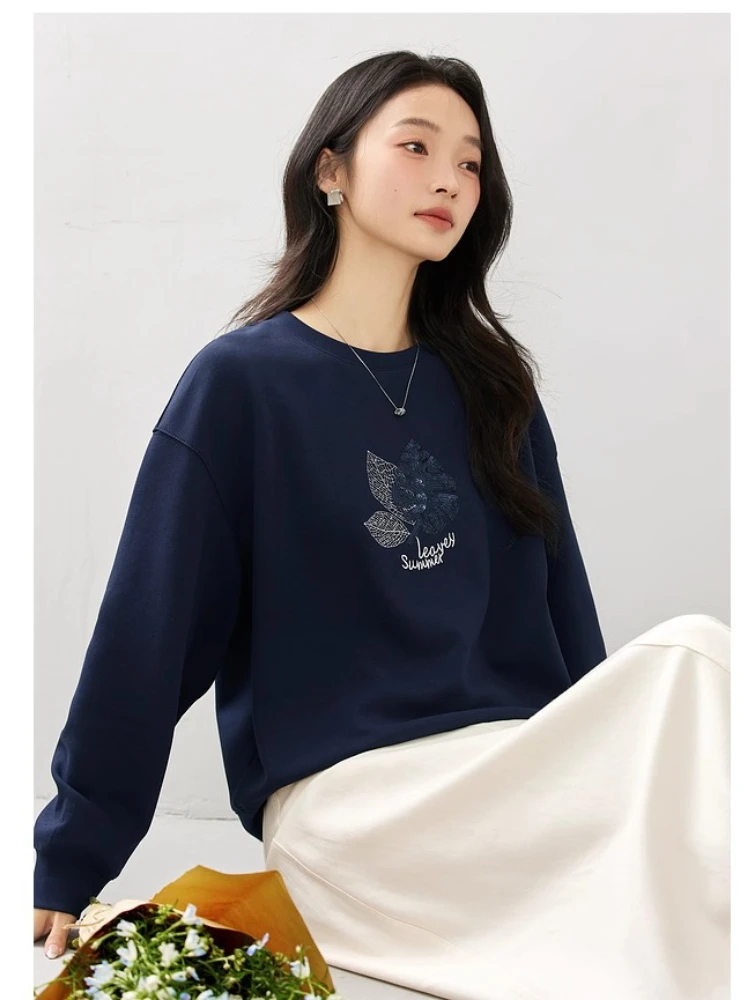 VIMLY Navy Blue Women's Sweatshirts 2025 Autumn Embroider Sequined Round Neck Sweatshirt Long Sleeve Knitted Ladies Tops A2156