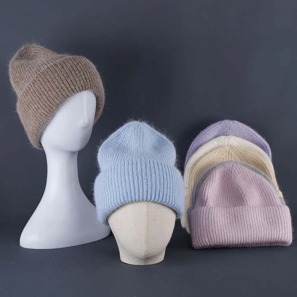 2024 Czapki z futra królika Miękka ciepła puszysta czapka zimowa dla kobiet Angora Dzianinowa czapka Skullies Czapki damskie Bonnet Woman Knit Cap