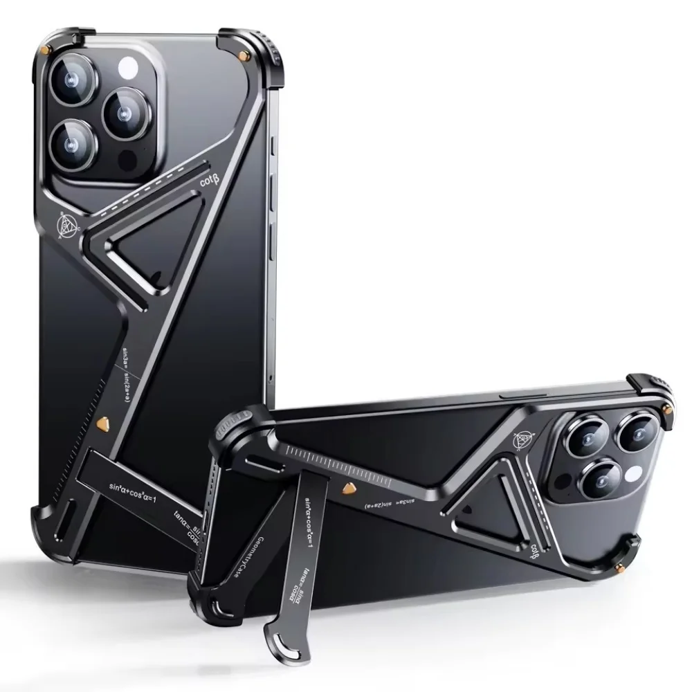 

Geometric Metal Edgeless Phone Case for iPhone 13 14 15 16 Pro Max Phone Protective Cover Shockproof Bumper Stand Holder Cover