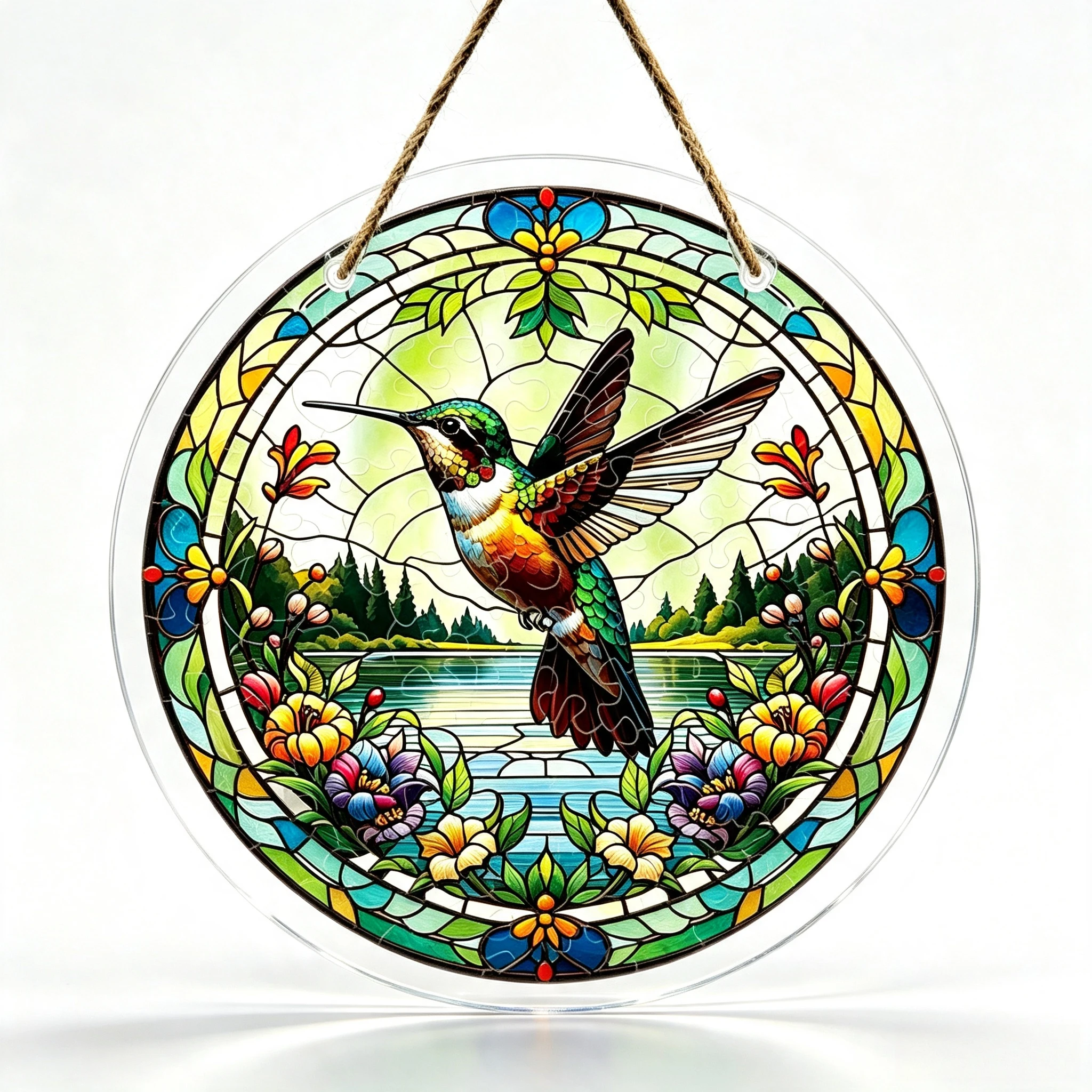 Round Acrylic Suncatcher Hummingbird Forest Lake Flower Jute Rope Hanging Sign
