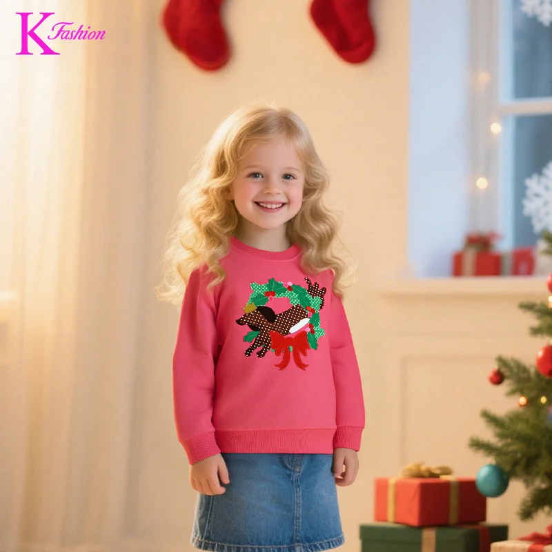 

2025 New Girls Sweatshirt Fashion Christmas Patch Children Pullover Knitted Cotton Sweatshirts For Kid 4-8Y