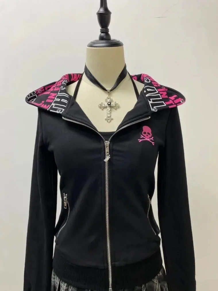 American Retro Black Letter Hooded Zipper Sweatshirt  Thicked Warm Coat Women Slim Fit Long Sleeve Autumn New Zipper Tops Mujer