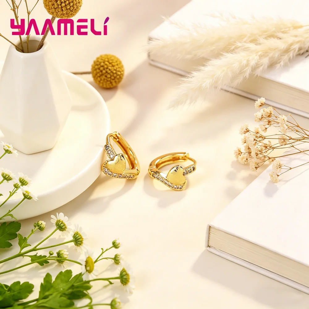Trendy 925 Sterling Silver Gold Heart Crystal Earrings For Women Girls Wedding Fashion Jewelry Wedding Gift
