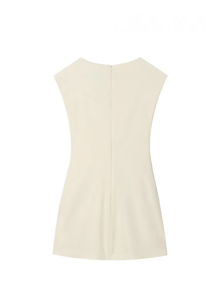 HH Frau Sommer Neue Mode Chic Kleider Solide Oansatz Ärmellose Falten Dekoration Zipper Weibliche Sexy Dünne Mini Kleid
