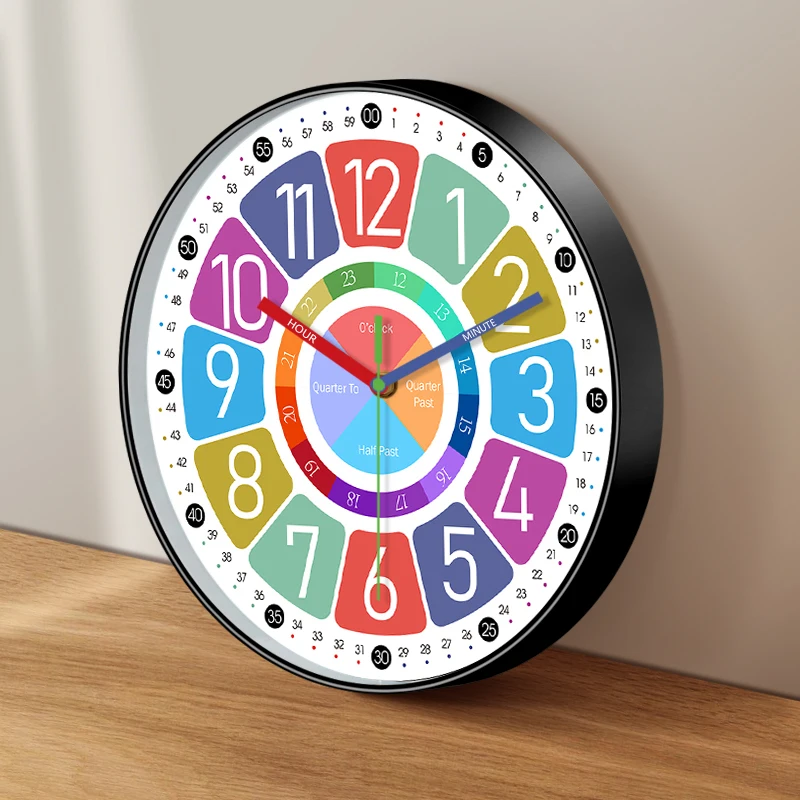 Kids Educational Wall Clock Time Learning Silent Quartz Wall Watch Black Frame Decor For Bedroom Classroom Homeschool Teach Gift