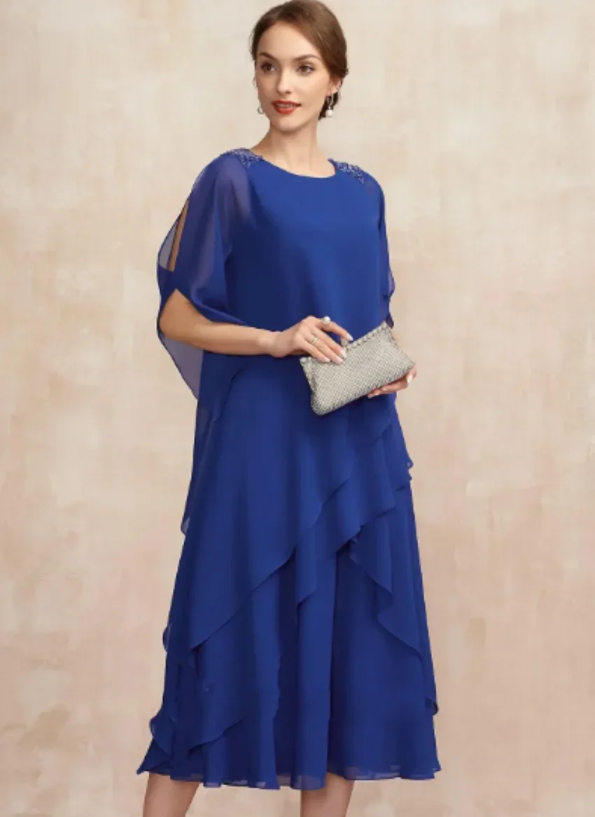 Mother of the Bride Dresses Designer Plus Size Evening Women Prom Gown Royal Blue Elegant Party Dress Tea-Length Chiffon Beading