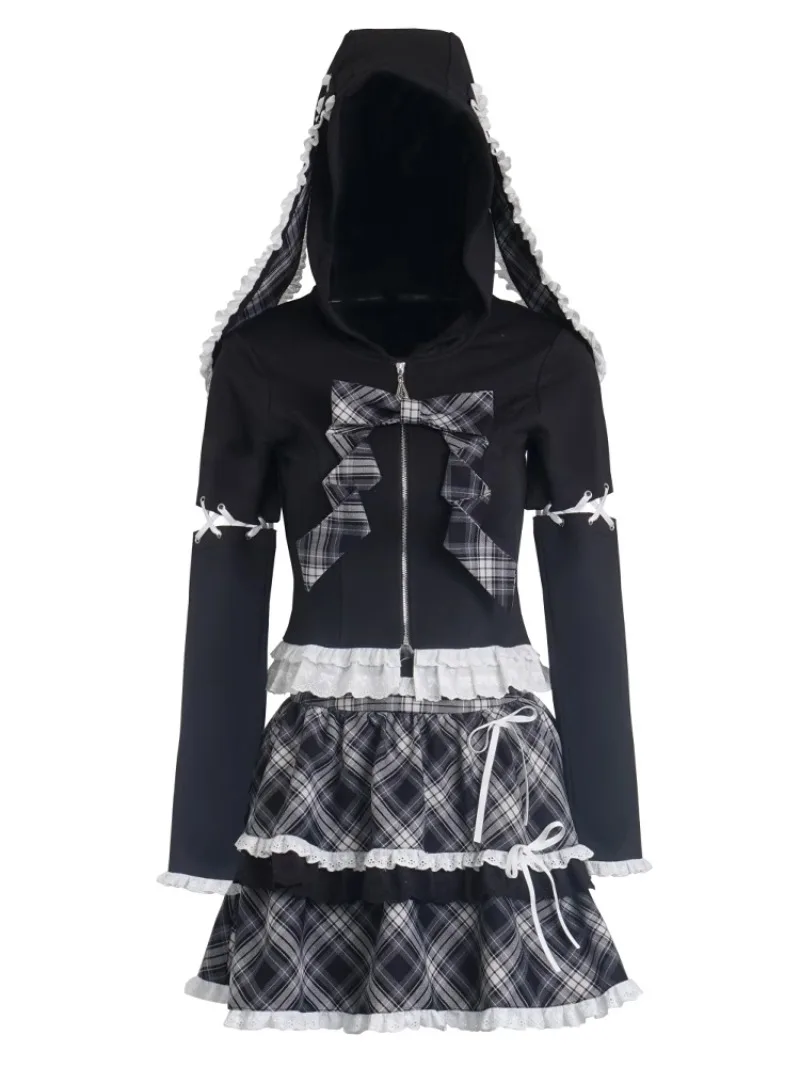 Rabbit Ear Hooded Removable Sleeves Black White Plaid Cake Skirt Summer New Zipper Long Sleeved Short Sweatshirt Kawaii Skirts