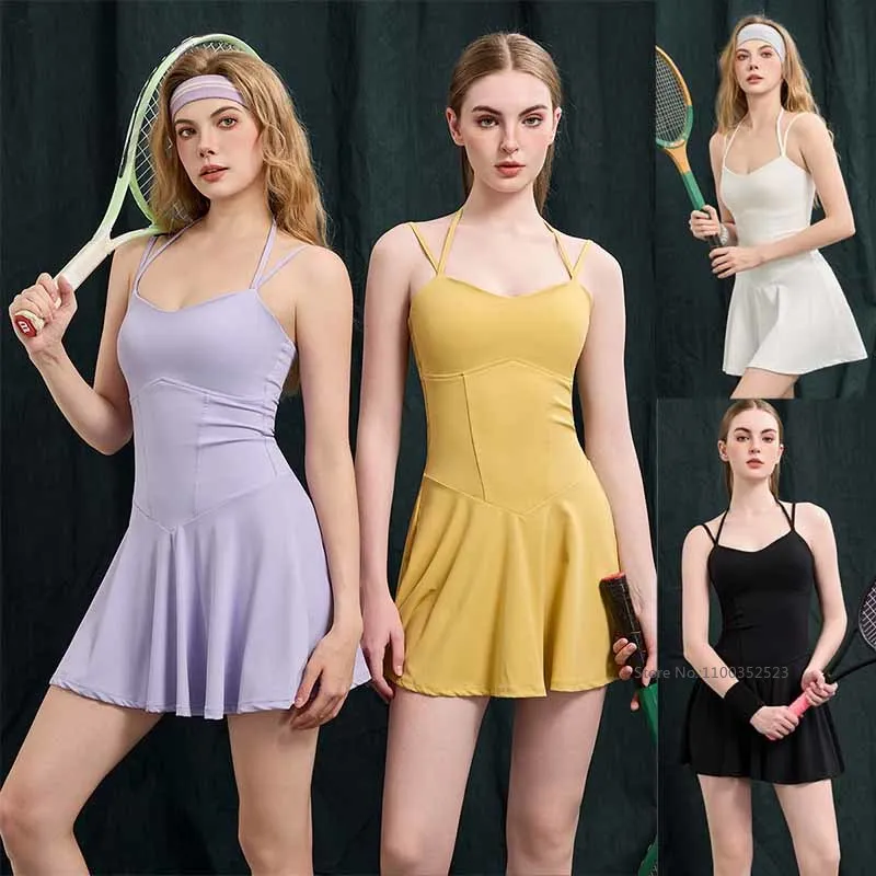 Summer Sports Golf Tennis Dress with Short and Bra Women Halter Slip Dress V-Neck Gym Tennis Workout Skirts Fitness Pilates