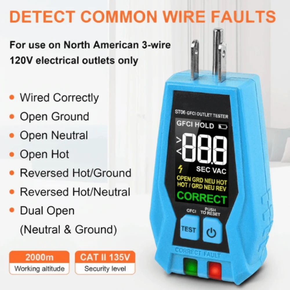 LCD Display Outlet Tester 3Wire Standard US Plug Receptacle Tester Live Neuter Wire Test Color Screen Socket Detector