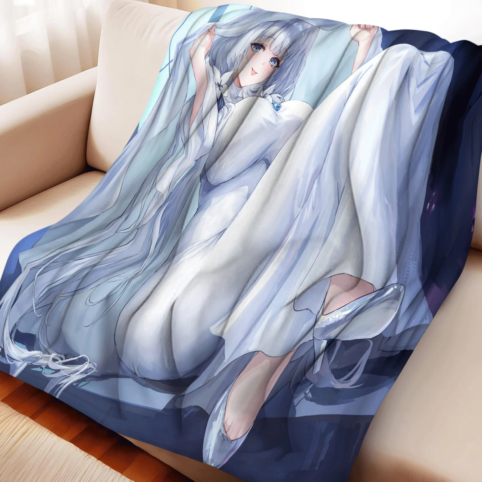 Anime Flannel Throw Blanket Illustrious Print Silver Long Hair Girl White Dress Warm Sofa Bed Blanket Fan Gift