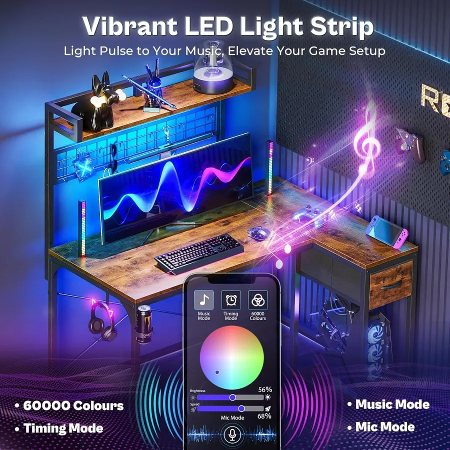 مكتب ألعاب على شكل حرف L مع أرفف طاولة كمبيوتر زاوية تتميز بمصابيح LED ومنافذ طاقة مدمجة ومنافذ USB مقاس 42 بوصة Rever