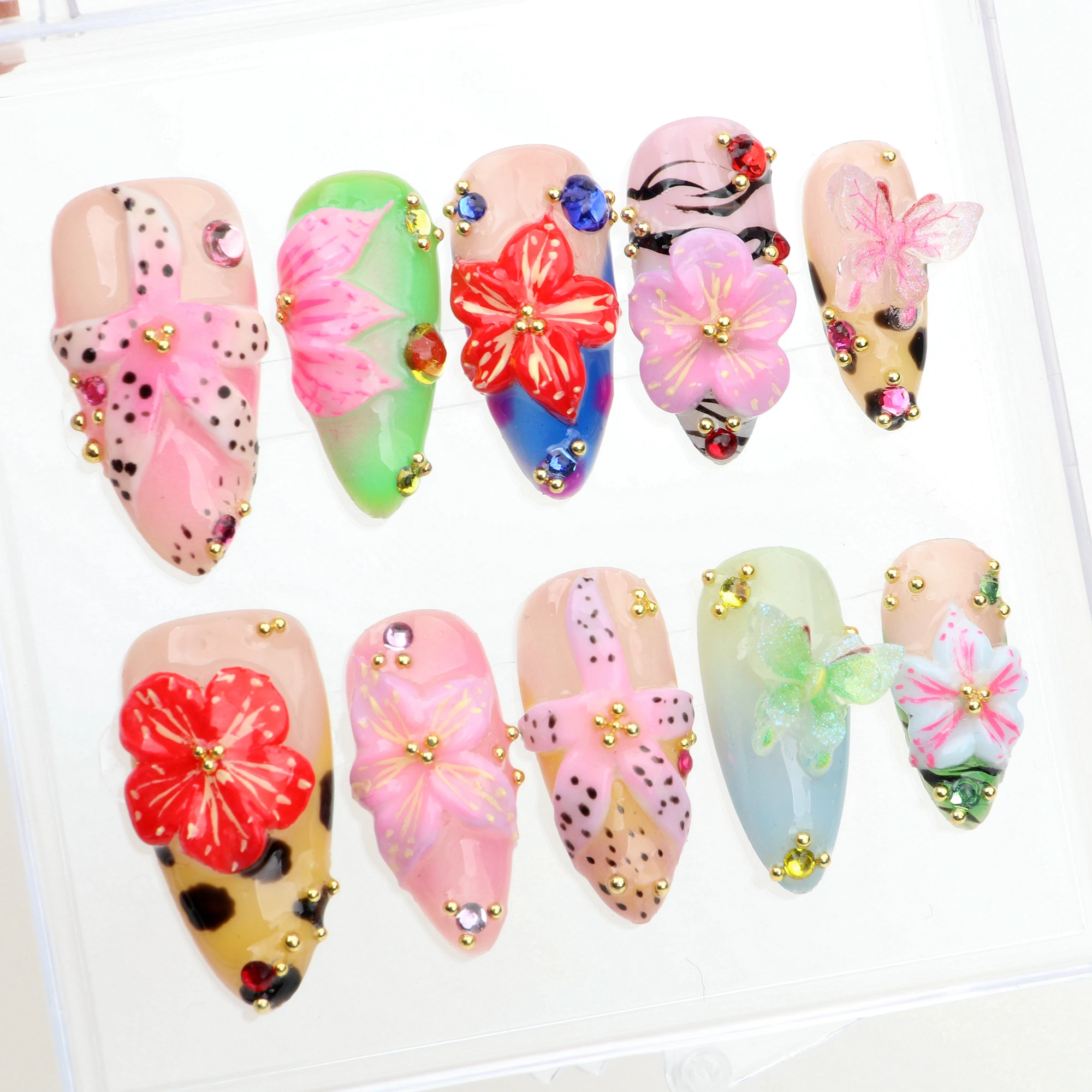 10Pcs Y2k 3D Butterfly and Floral Press On Nails,Secret Garden Acrylic Nails,Handcrafted Luxurious Nails,3D Floral Nail