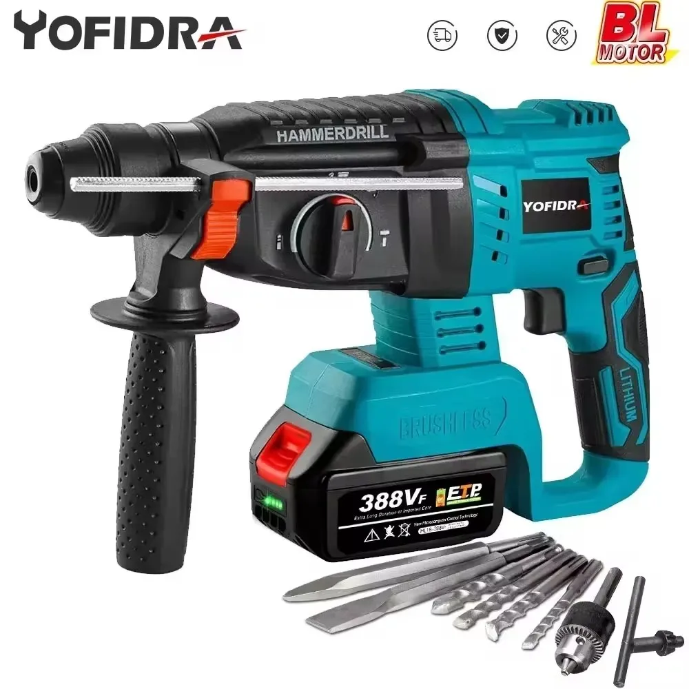 YOFIDRA 26MM Borstelloze Elektrische Hamerboor Multifunctionele Roterende Draadloze Oplaadbare Power Tools Voor Makita 18V Batterij