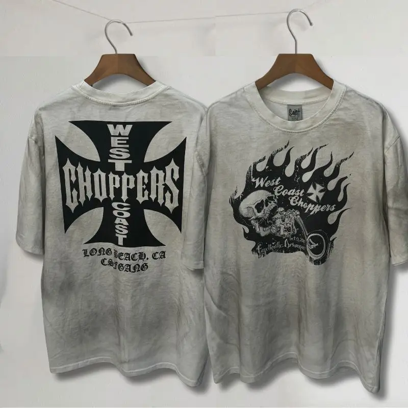 

Rock Hip-hop Street Flame Skull Skeleton Motorcycle West Coast Choppers Tshirt Cross Scroll Logo Cotton Men Women Short Sleeve