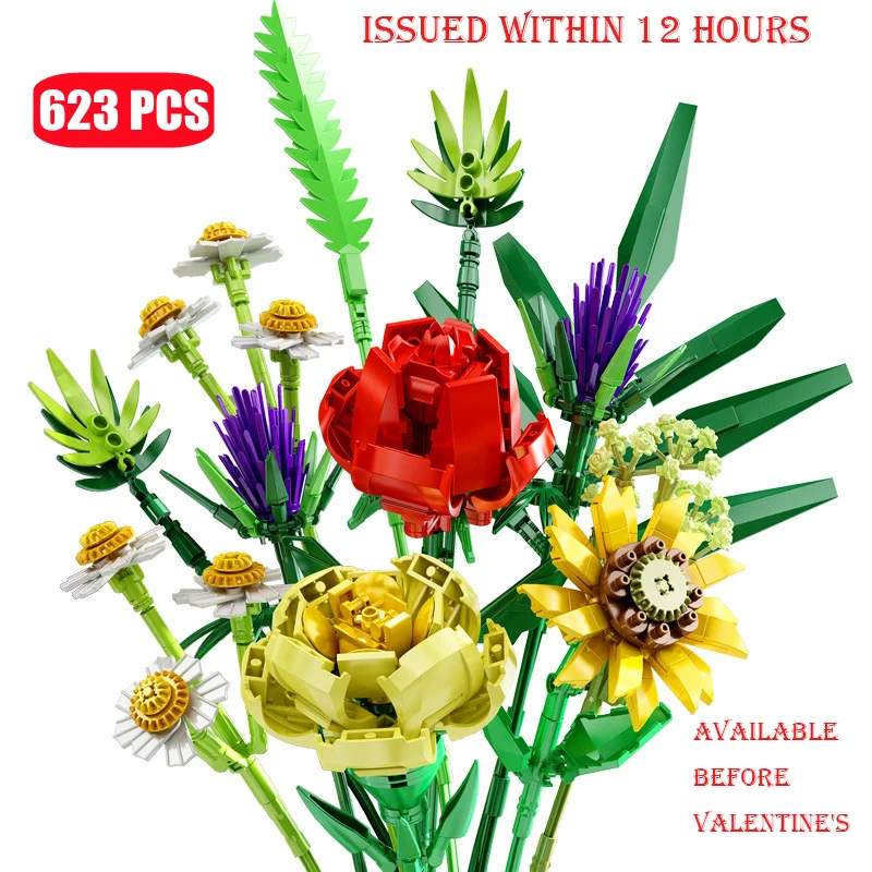 

623Pcs Flowers Sunflower Building Block Bouquet,Small Particles Compatible With Bricks Assembled Flower Holiday Gift Adults Toys