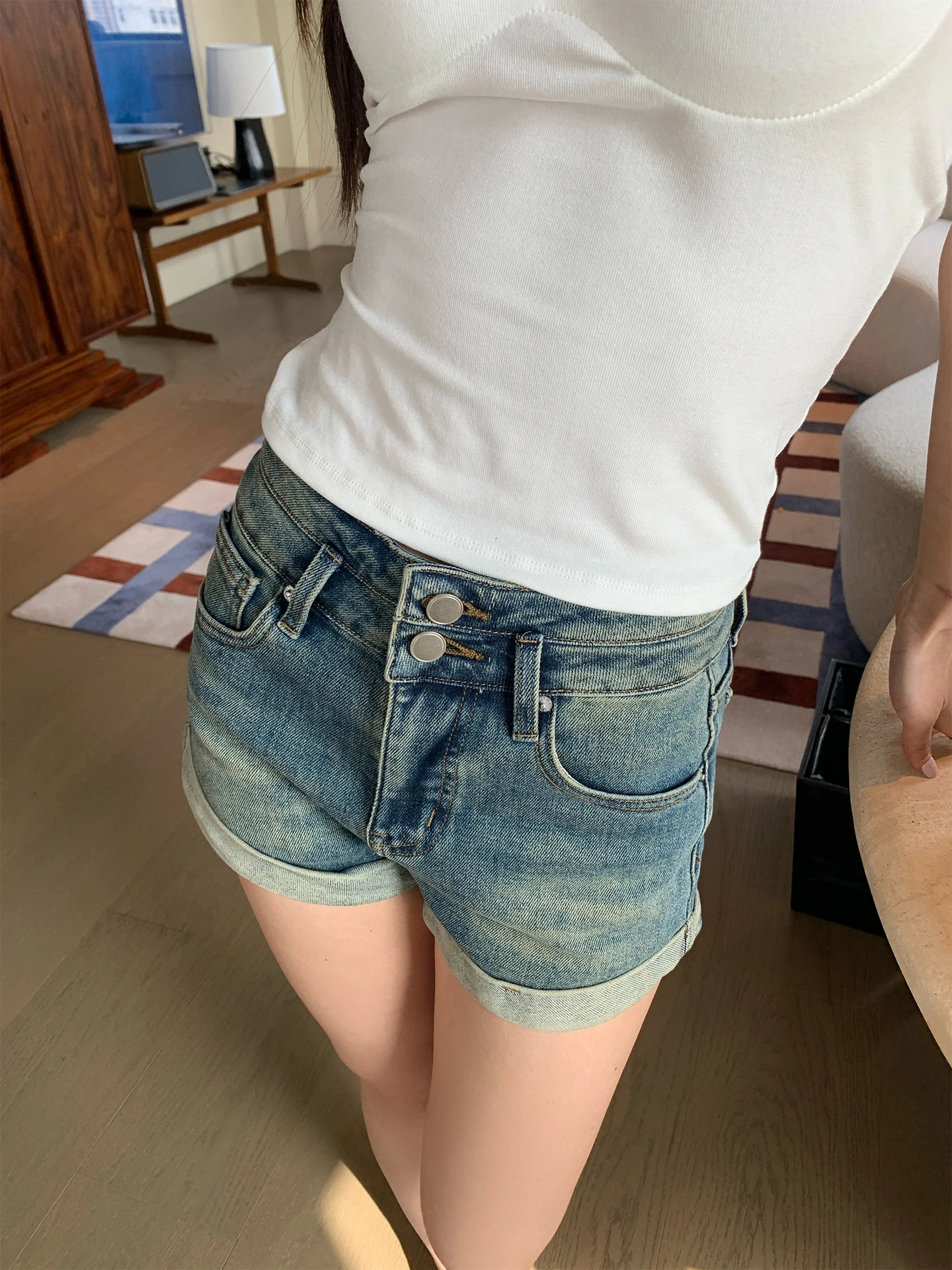 

Синие джинсовые шорты Norain, женские летние джинсы с высокой талией, утягивающие брюки с высокой талией, хлопковые прямые джинсы в американском стиле