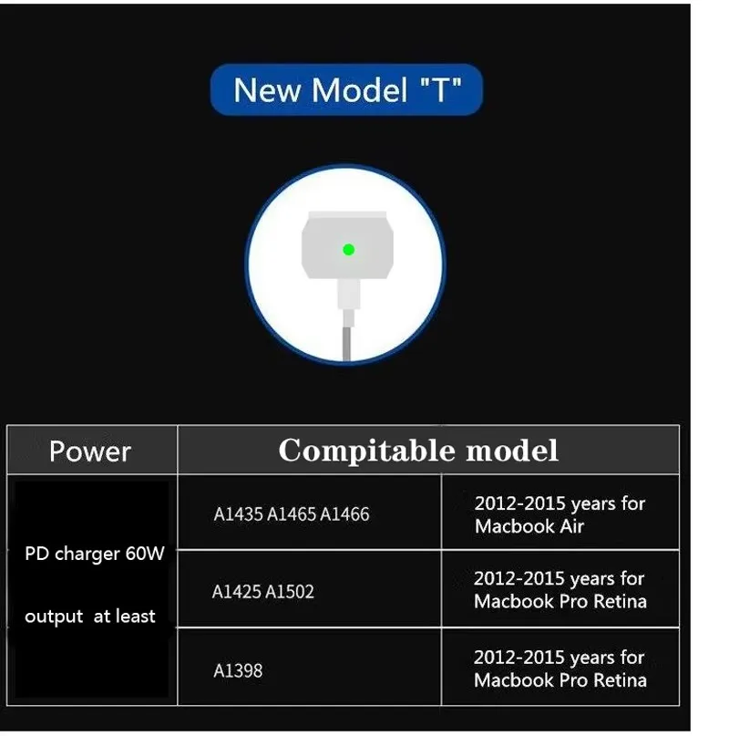 100% 수리 교체용 마그네틱 AC/DC 어댑터 코드 케이블, Apple Macbook Air Pro 45W 60W 85W 전원 충전기, MagSaf * 1 2 개