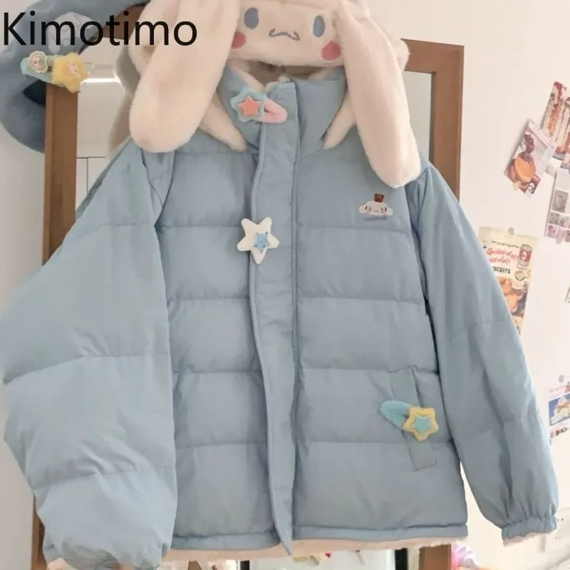 Kimotimo Sweet Cartoon Embroidery Jacket Women Winter Thick Warm Hooded Qulited Coat Japanese Kawaii Casual Loose Parkas Tops