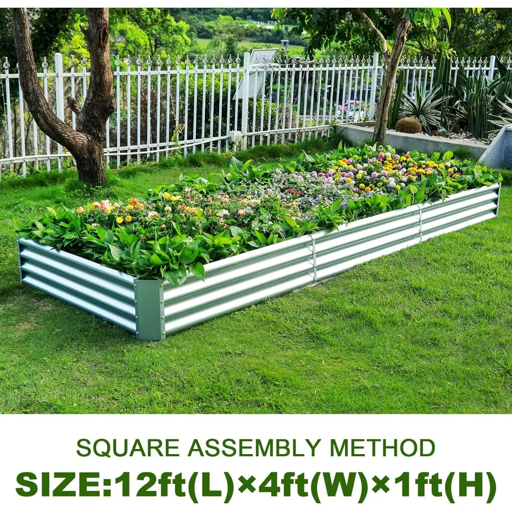 Land Guard 12×4×1ft Galvanized Raised Garden Bed Kit for Vegetables, Galvanized Super Large Metal Planter Raised Garden