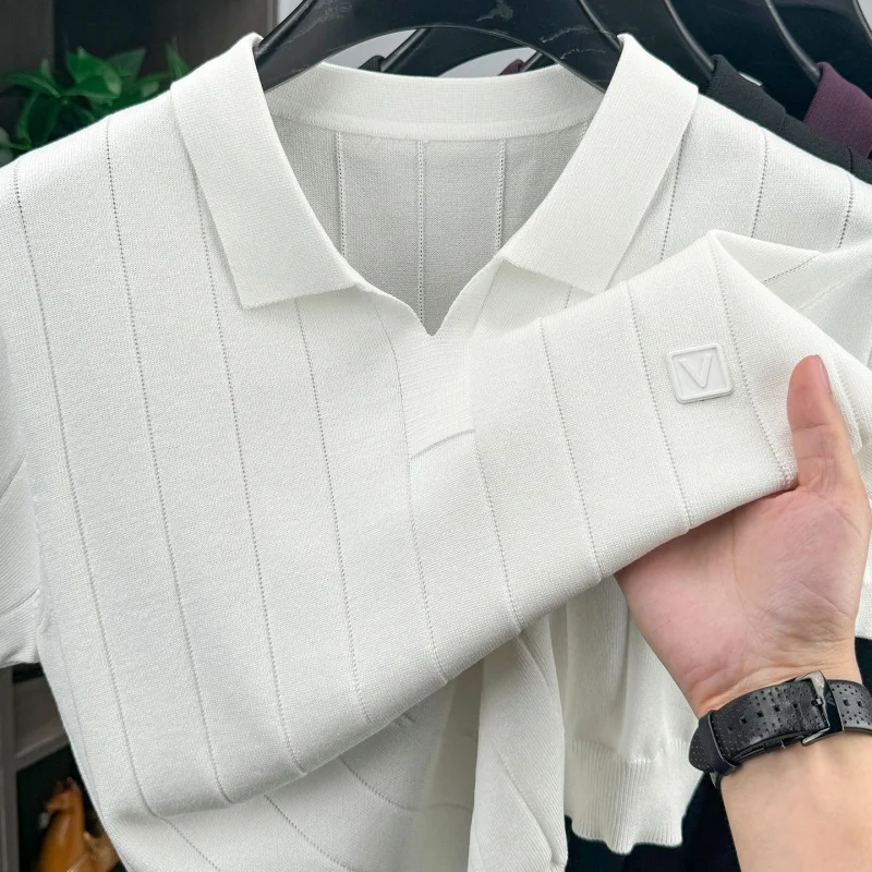 Men's Summer Vintage Style Knitted Polo Shirt High-Quality Short-Sleeved T-Shirt With Collar Casual Classic Sweater Men's Wear