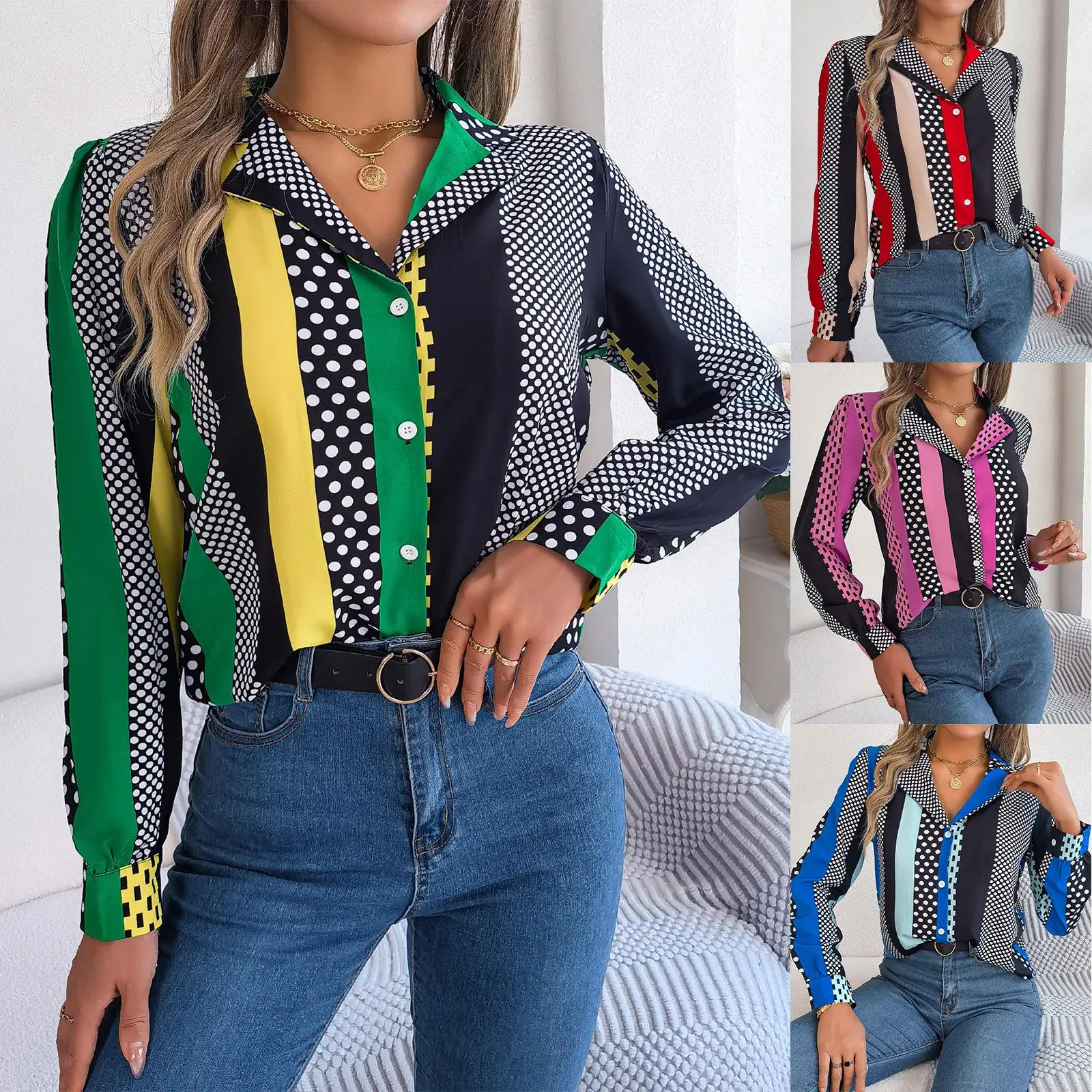 

Polka Dot Long Sve Suit Collar irt for Women European Sle Polyester Fiber Casual Wear Spring Season Full Length irt